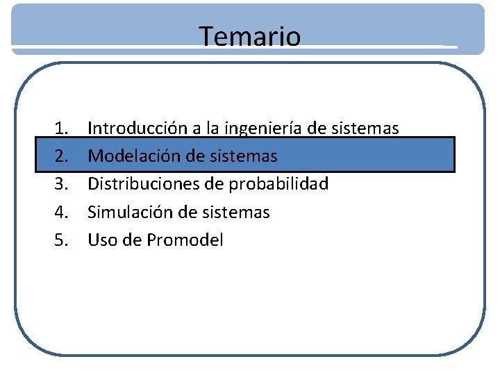 Temario 1. 2. 3. 4. 5. Introducción a la ingeniería de sistemas Modelación de