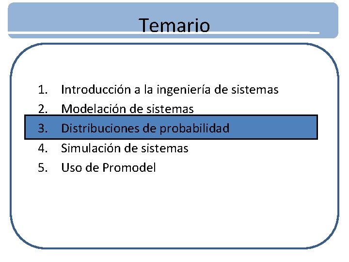 Temario 1. 2. 3. 4. 5. Introducción a la ingeniería de sistemas Modelación de