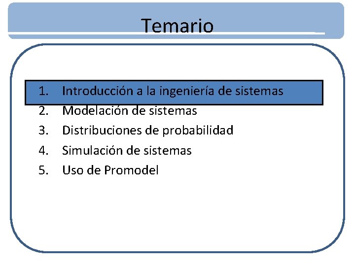 Temario 1. 2. 3. 4. 5. Introducción a la ingeniería de sistemas Modelación de