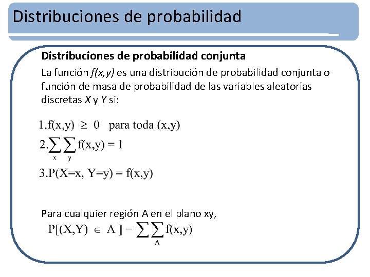 Distribuciones de probabilidad conjunta La función f(x, y) es una distribución de probabilidad conjunta