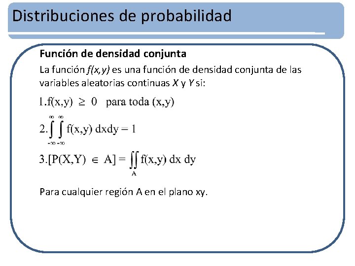 Distribuciones de probabilidad Función de densidad conjunta La función f(x, y) es una función