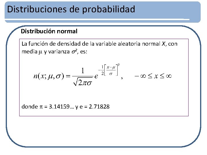 Distribuciones de probabilidad Distribución normal La función de densidad de la variable aleatoria normal