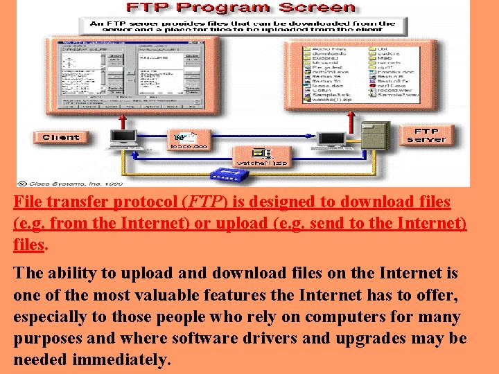 File transfer protocol (FTP) is designed to download files (e. g. from the Internet)