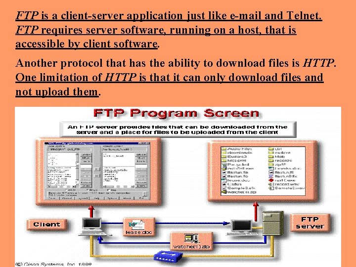 FTP is a client-server application just like e-mail and Telnet. FTP requires server software,