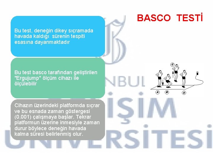 BASCO TESTİ Bu test, deneğin dikey sıçramada havada kaldığı sürenin tespiti esasına dayanmaktadır Bu BASCO TESTİ Bu test, deneğin dikey sıçramada havada kaldığı sürenin tespiti esasına dayanmaktadır Bu