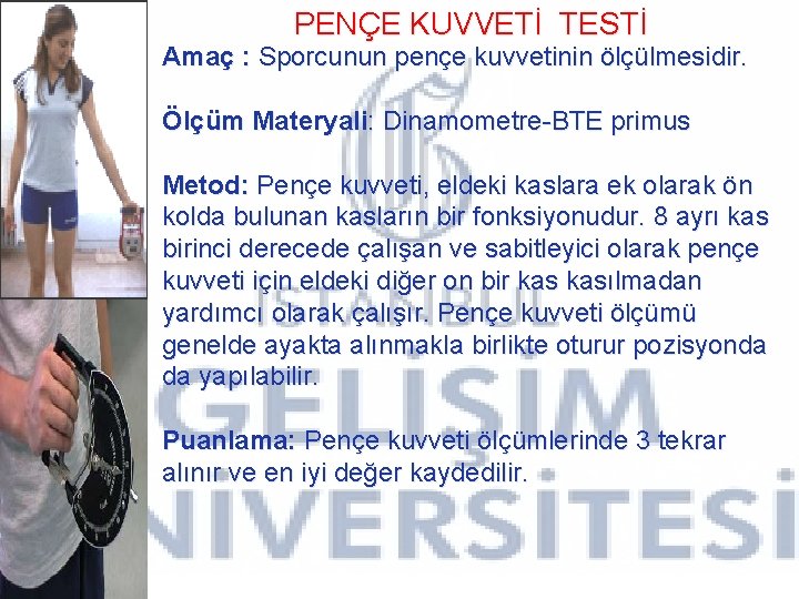 PENÇE KUVVETİ TESTİ Amaç : Sporcunun pençe kuvvetinin ölçülmesidir. Ölçüm Materyali: Dinamometre-BTE primus Metod: PENÇE KUVVETİ TESTİ Amaç : Sporcunun pençe kuvvetinin ölçülmesidir. Ölçüm Materyali: Dinamometre-BTE primus Metod: