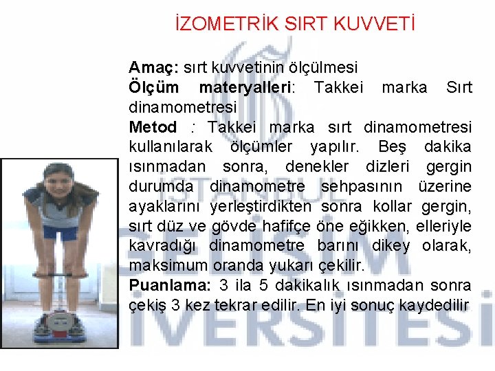 İZOMETRİK SIRT KUVVETİ Amaç: sırt kuvvetinin ölçülmesi Ölçüm materyalleri: Takkei marka Sırt dinamometresi Metod İZOMETRİK SIRT KUVVETİ Amaç: sırt kuvvetinin ölçülmesi Ölçüm materyalleri: Takkei marka Sırt dinamometresi Metod