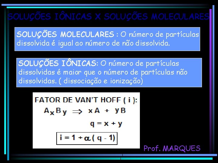 SOLUÇÕES IÔNICAS X SOLUÇÕES MOLECULARES : O número de partículas dissolvida é igual ao