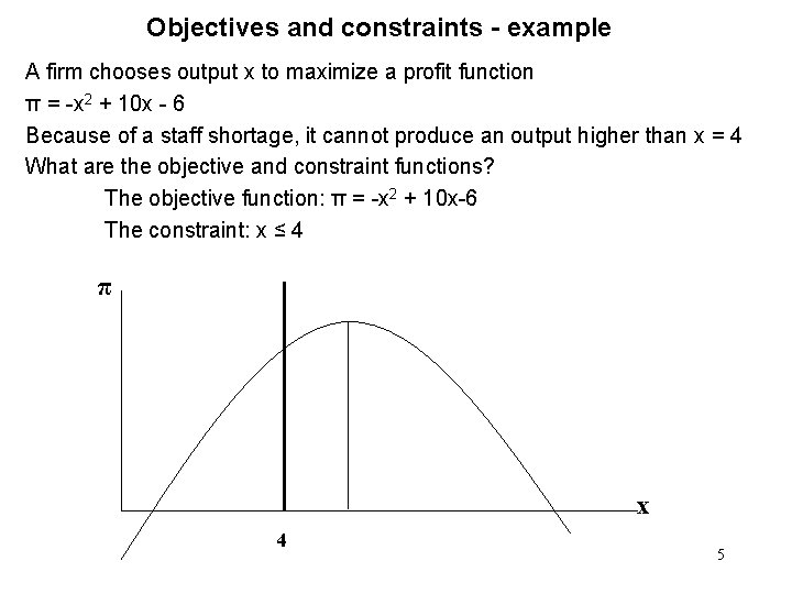 Objectives and constraints - example A firm chooses output x to maximize a profit