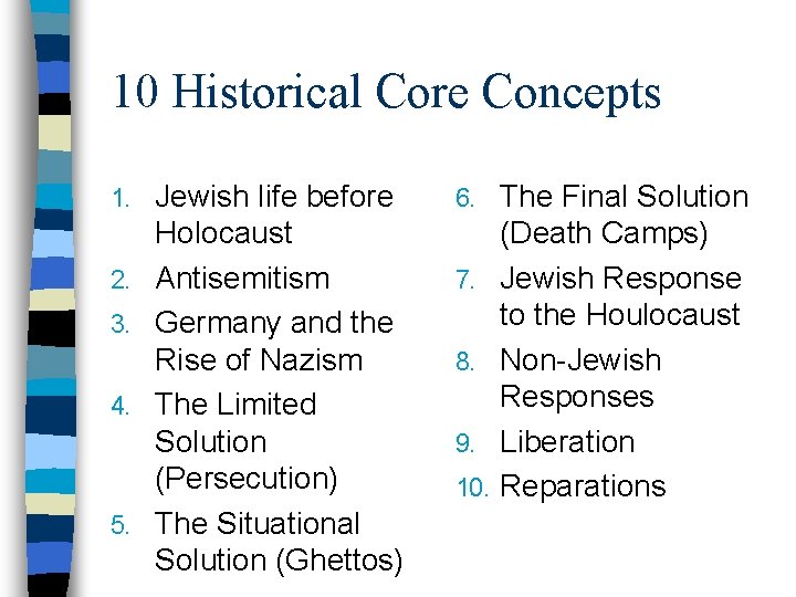 10 Historical Core Concepts 1. 2. 3. 4. 5. Jewish life before Holocaust Antisemitism