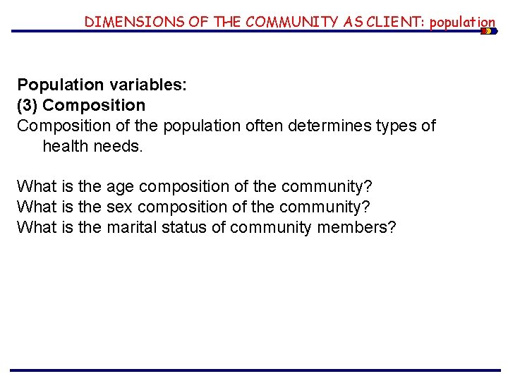 DIMENSIONS OF THE COMMUNITY AS CLIENT: population Population variables: (3) Composition of the population