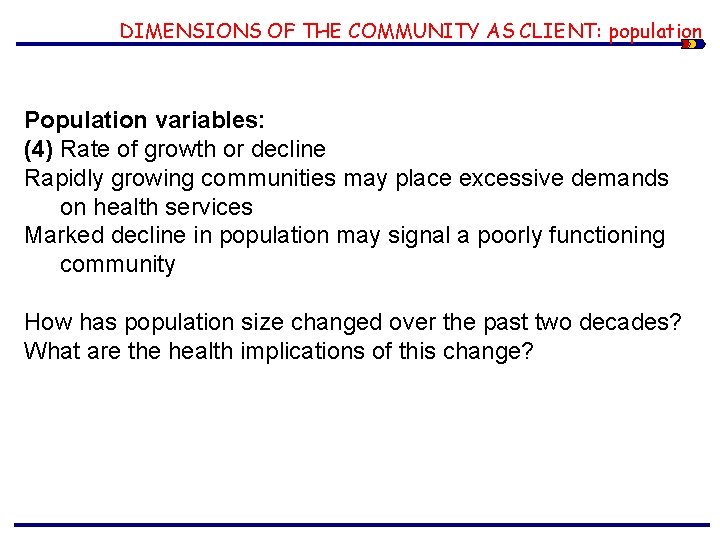 DIMENSIONS OF THE COMMUNITY AS CLIENT: population Population variables: (4) Rate of growth or