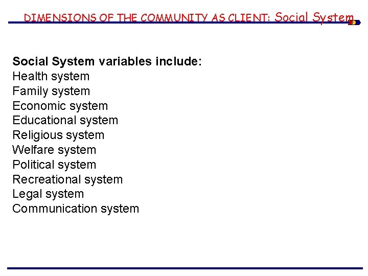 DIMENSIONS OF THE COMMUNITY AS CLIENT: Social System variables include: Health system Family system