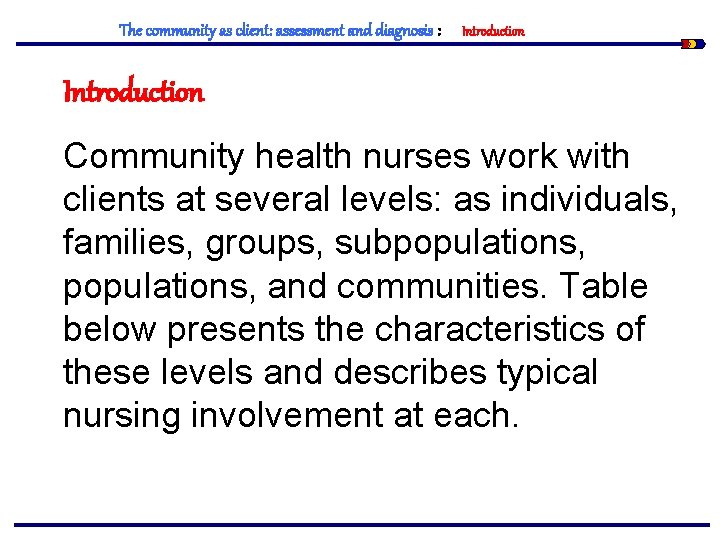 The community as client: assessment and diagnosis : Introduction Community health nurses work with