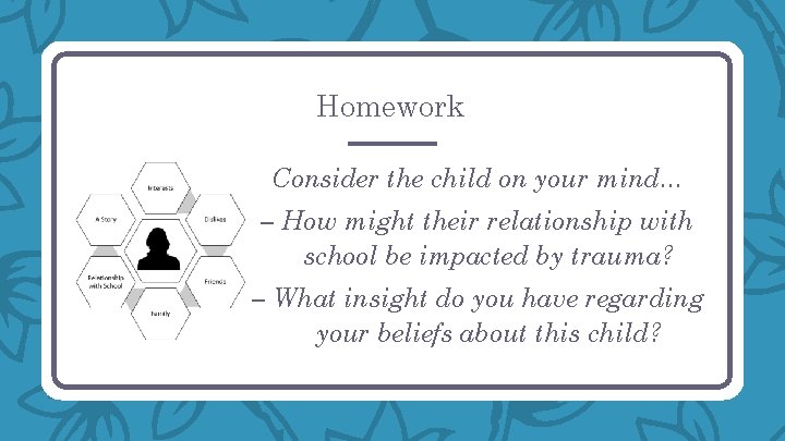 Homework Consider the child on your mind… – How might their relationship with school