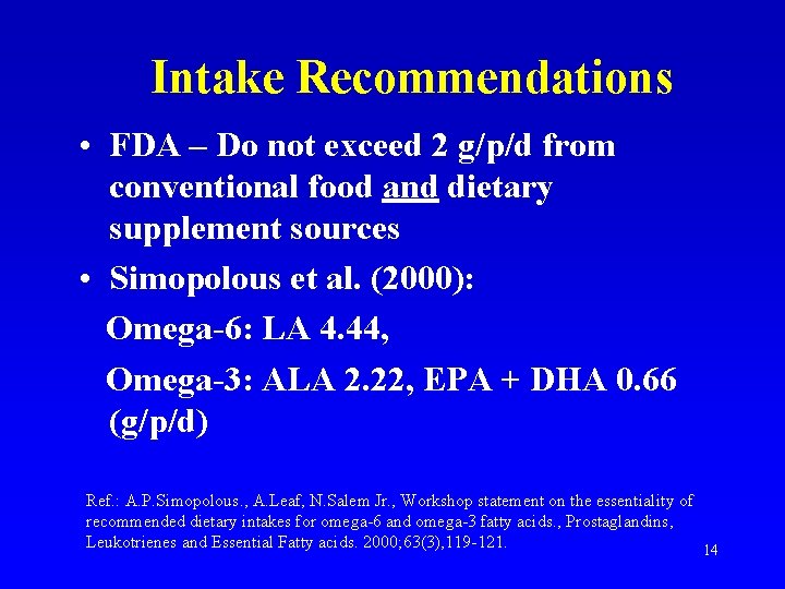 Intake Recommendations • FDA – Do not exceed 2 g/p/d from conventional food and