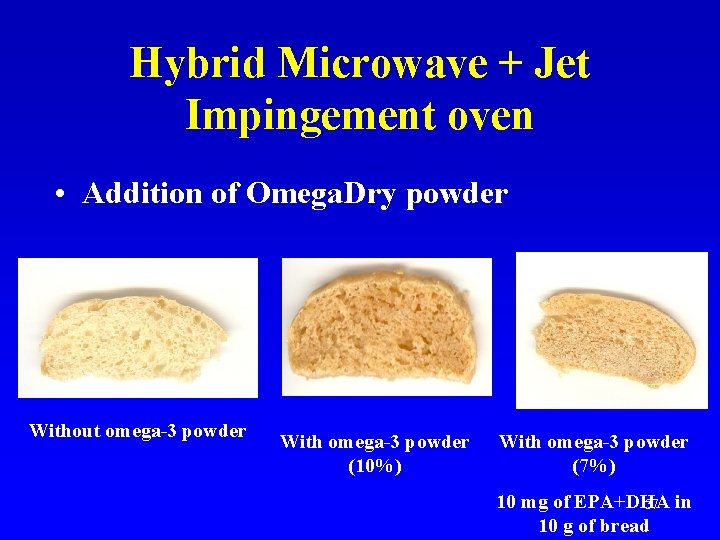 Hybrid Microwave + Jet Impingement oven • Addition of Omega. Dry powder Without omega-3