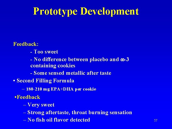 Prototype Development Feedback: - Too sweet - No difference between placebo and -3 containing