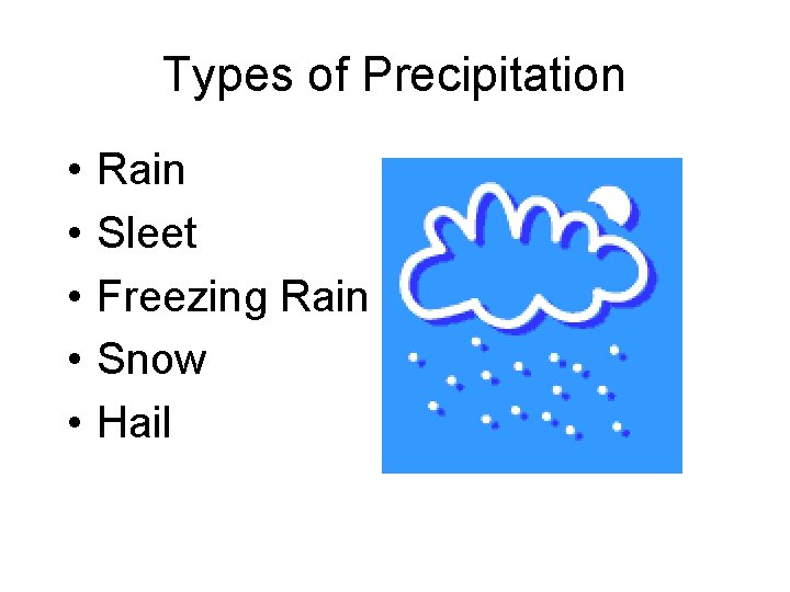 Types of Precipitation • • • Rain Sleet Freezing Rain Snow Hail 