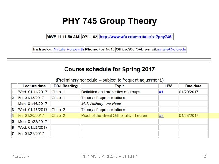 1/20/2017 PHY 745 Spring 2017 -- Lecture 4 2 