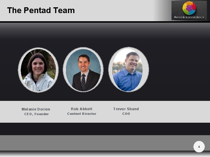 The Pentad Team Melanie Dorion Rob Abbott Trevor Shand CEO, Founder Content Director COO