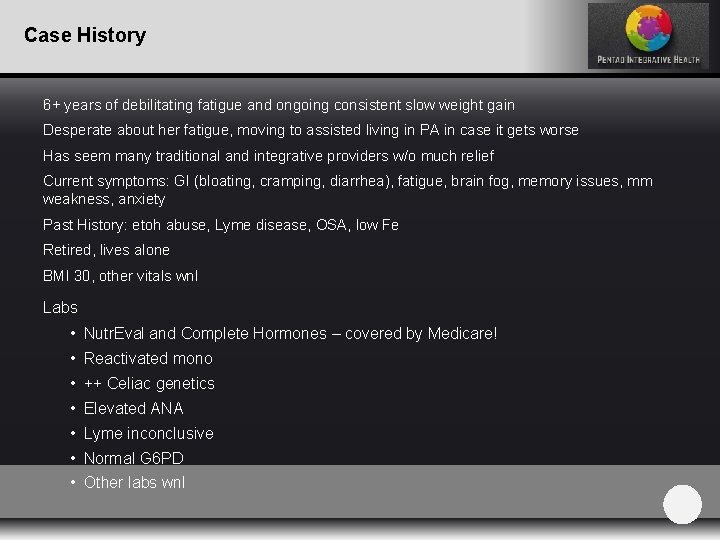 Case History 6+ years of debilitating fatigue and ongoing consistent slow weight gain Desperate