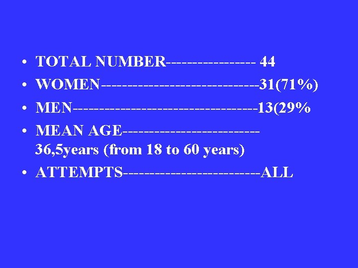  • • TOTAL NUMBER--------- 44 WOMEN---------------31(71%) MEN------------------13(29% MEAN AGE-------------36, 5 years (from 18