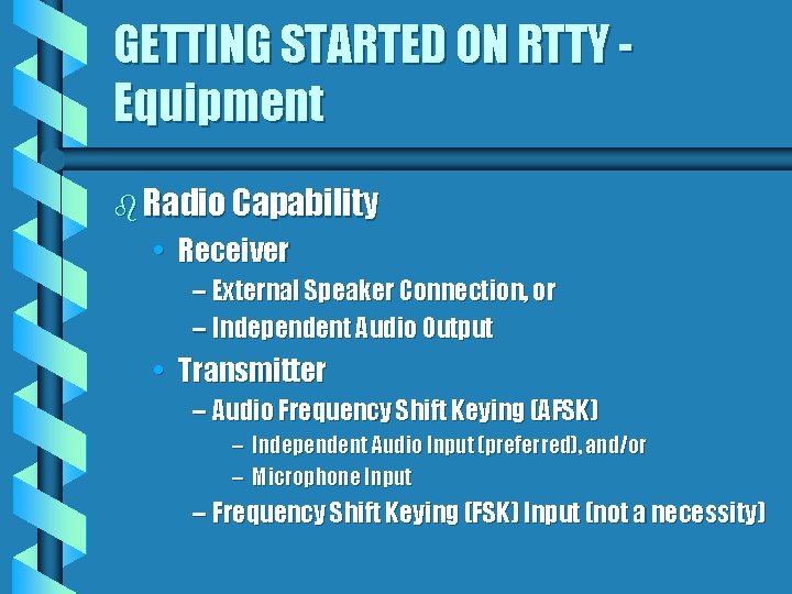 GETTING STARTED ON RTTY Equipment b Radio Capability • Receiver – External Speaker Connection,