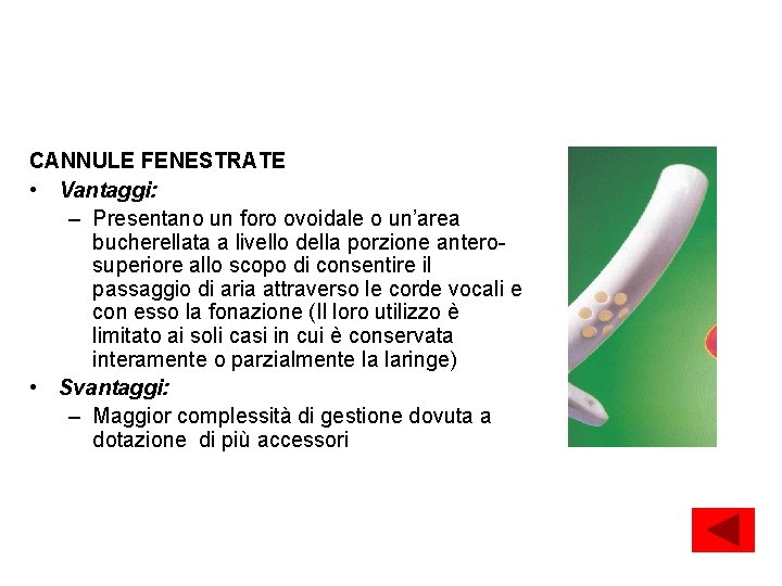 Caratteristiche intrinseche della CT CANNULE FENESTRATE • Vantaggi: – Presentano un foro ovoidale o