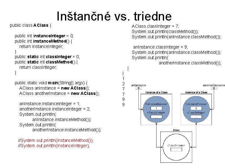 public class AClass { Inštančné vs. triedne public int instance. Integer = 0; public