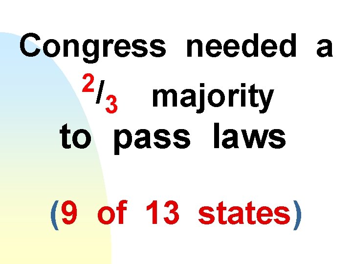 Congress needed a 2/ majority 3 to pass laws (9 of 13 states) 