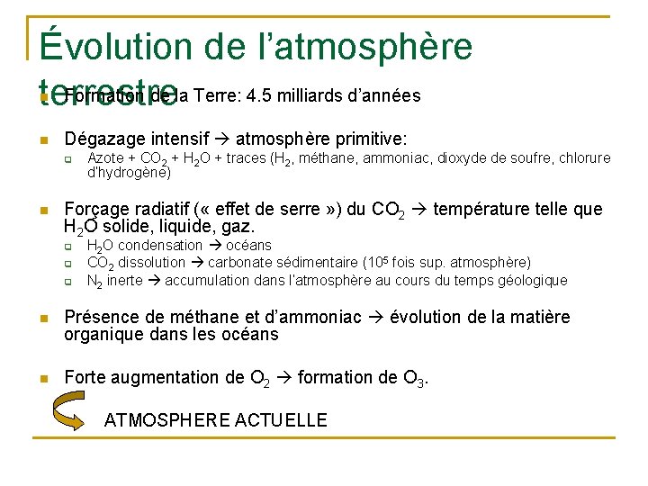 Évolution de l’atmosphère Formation de la Terre: 4. 5 milliards d’années terrestre n n