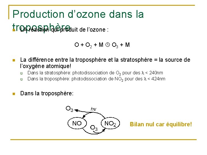 Production d’ozone dans la troposphère LA réaction qui produit de l’ozone : n O