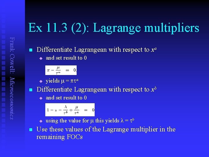 Ex 11. 3 (2): Lagrange multipliers Frank Cowell: Microeconomics n n n Differentiate Lagrangean