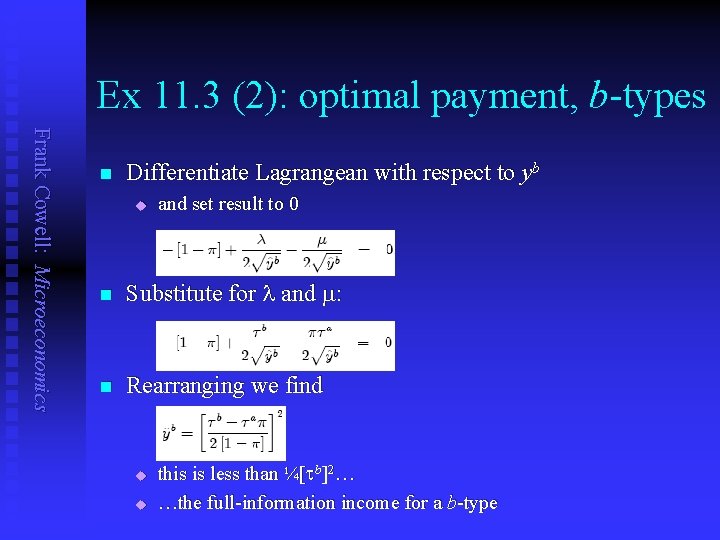 Ex 11. 3 (2): optimal payment, b-types Frank Cowell: Microeconomics n Differentiate Lagrangean with