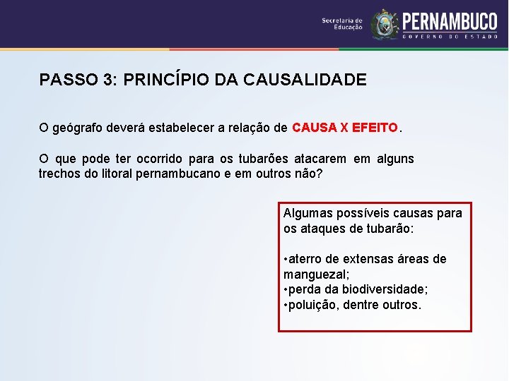 PASSO 3: PRINCÍPIO DA CAUSALIDADE O geógrafo deverá estabelecer a relação de CAUSA X