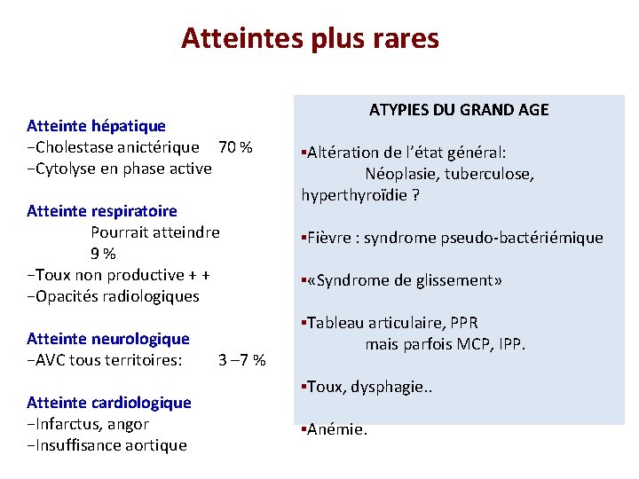 Atteintes plus rares Atteinte hépatique −Cholestase anictérique 70 % −Cytolyse en phase active Atteinte