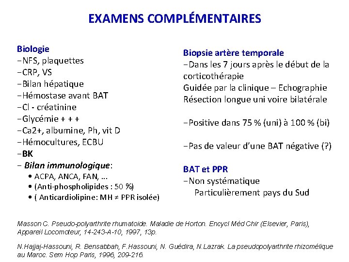 EXAMENS COMPLÉMENTAIRES Biologie −NFS, plaquettes −CRP, VS −Bilan hépatique −Hémostase avant BAT −Cl -