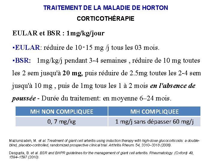 TRAITEMENT DE LA MALADIE DE HORTON CORTICOTHÉRAPIE EULAR et BSR : 1 mg/kg/jour ▪EULAR: