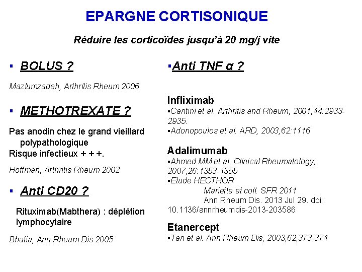 EPARGNE CORTISONIQUE Réduire les corticoïdes jusqu’à 20 mg/j vite ▪ BOLUS ? ▪Anti TNF