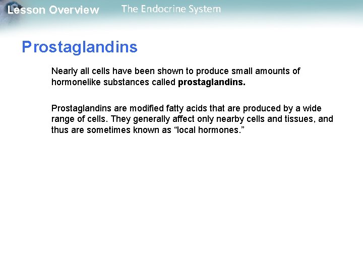 Lesson Overview The Endocrine System Prostaglandins Nearly all cells have been shown to produce