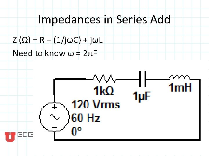 Impedances in Series Add Z (Ω) = R + (1/jωC) + jωL Need to