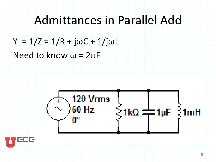 Admittances in Parallel Add Y = 1/Z = 1/R + jωC + 1/jωL Need