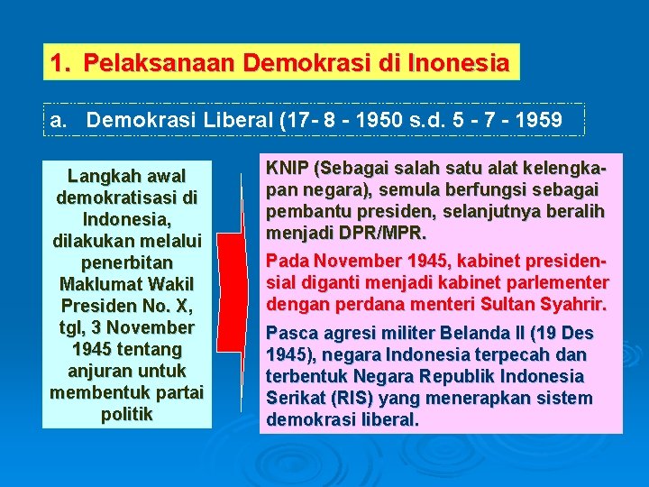 1. Pelaksanaan Demokrasi di Inonesia a. Demokrasi Liberal (17 - 8 - 1950 s.