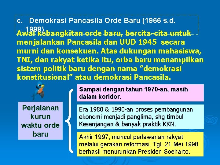 c. Demokrasi Pancasila Orde Baru (1966 s. d. 1998) Awal kebangkitan orde baru, bercita-cita