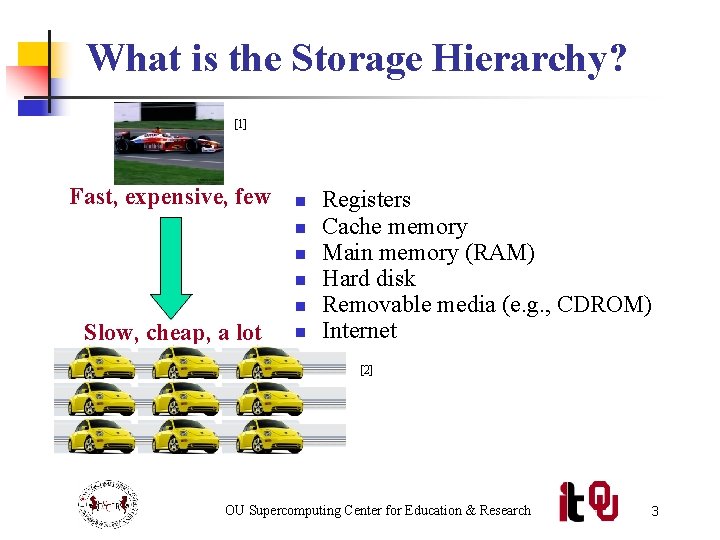 What is the Storage Hierarchy? [1] Fast, expensive, few n n n Slow, cheap,