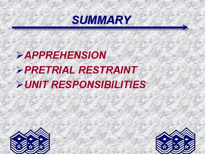 SUMMARY ØAPPREHENSION ØPRETRIAL RESTRAINT ØUNIT RESPONSIBILITIES 