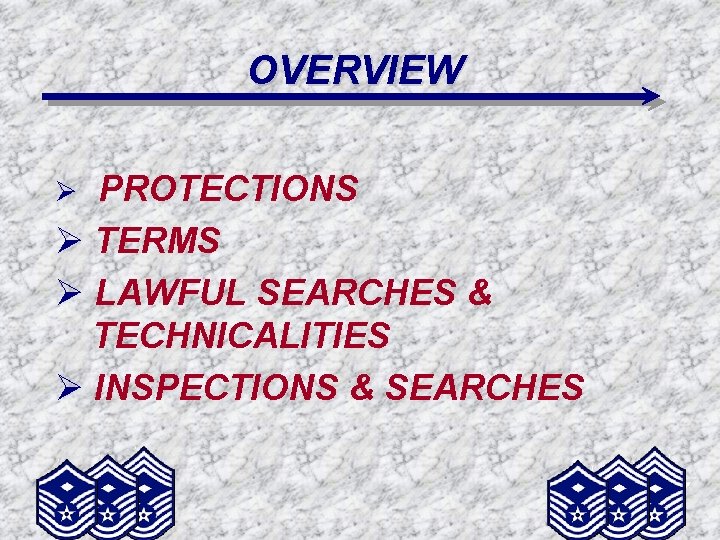 OVERVIEW PROTECTIONS Ø TERMS Ø LAWFUL SEARCHES & TECHNICALITIES Ø INSPECTIONS & SEARCHES Ø