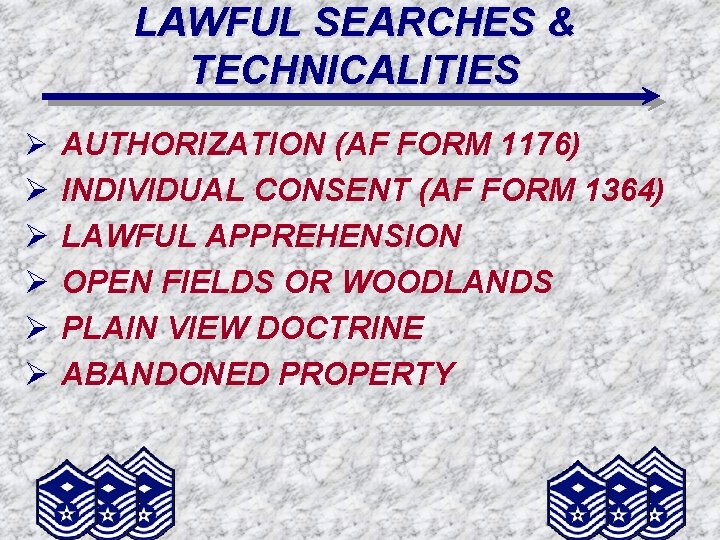 LAWFUL SEARCHES & TECHNICALITIES Ø AUTHORIZATION (AF FORM 1176) Ø Ø Ø INDIVIDUAL CONSENT