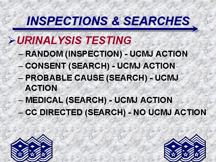 INSPECTIONS & SEARCHES ØURINALYSIS TESTING – RANDOM (INSPECTION) - UCMJ ACTION – CONSENT (SEARCH)